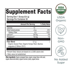 Close-up of Pineapple Mango flavored Organic Fiber Powder canister label