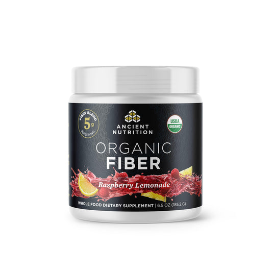 Front view of Ancient Nutrition Organic Fiber Powder Raspberry Lemonade container