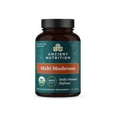 Front view of Ancient Nutrition Organic Multi Mushroom supplement bottle