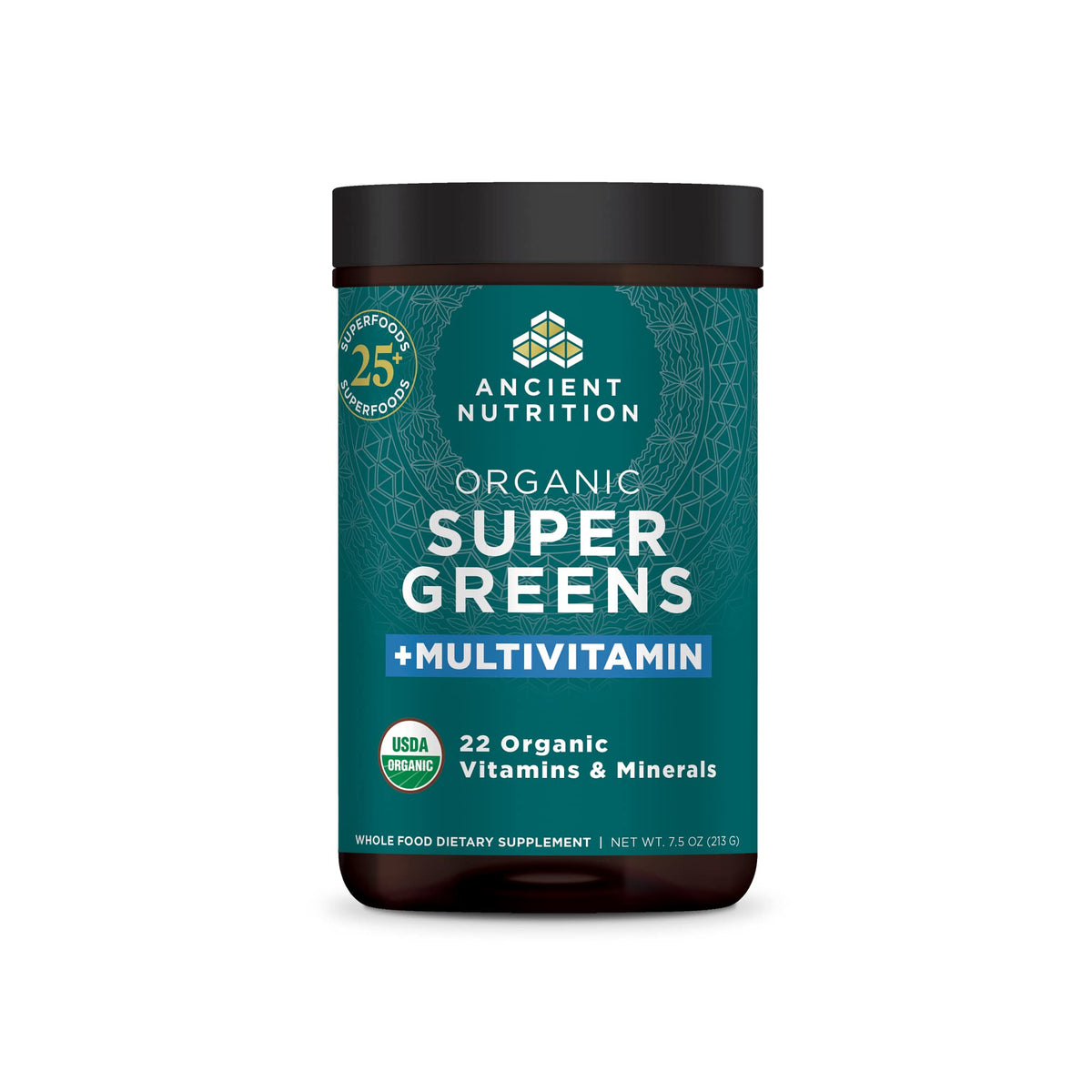 Ancient Nutrition Organic SuperGreens + Organic Multivitamin powder bottle label - 01