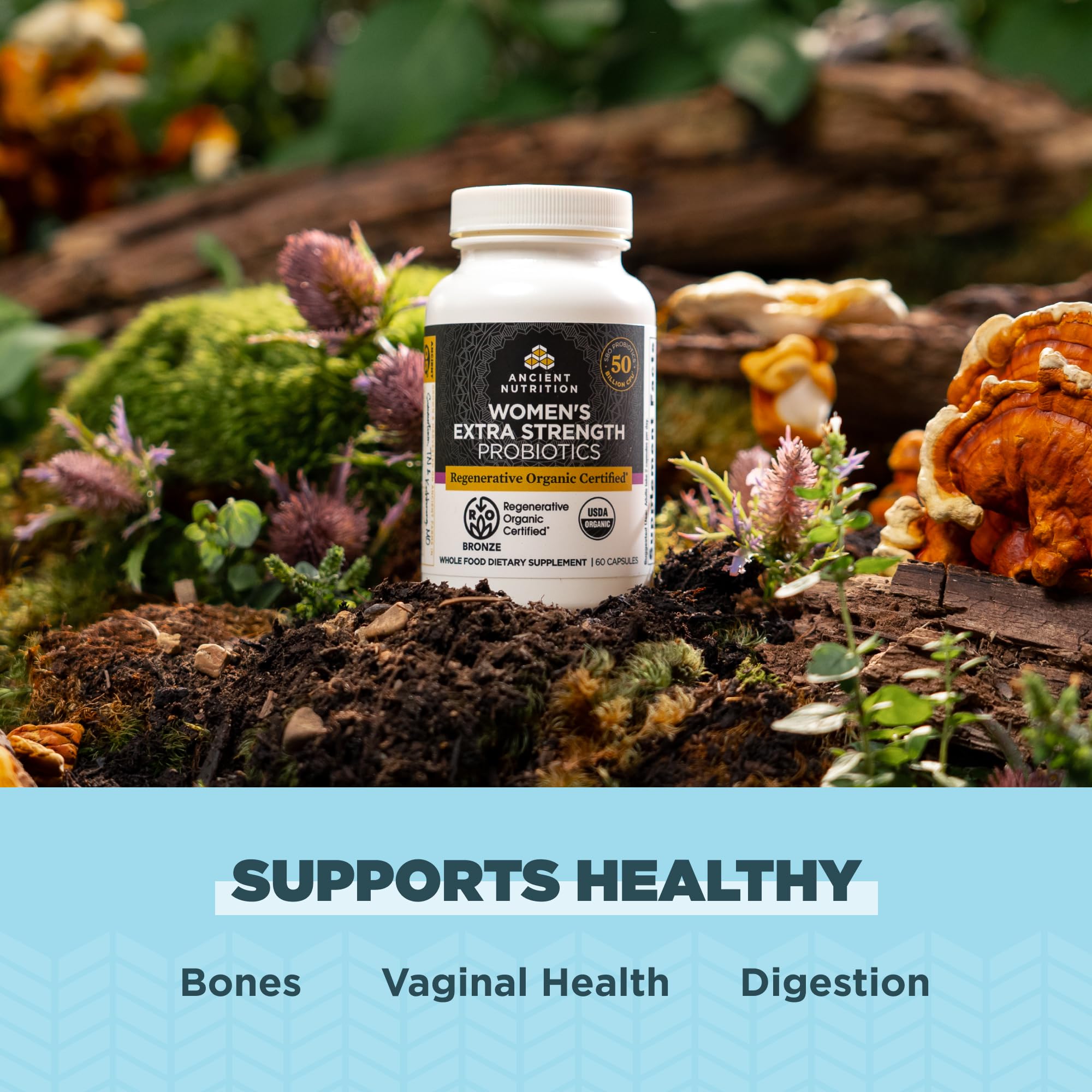 Packaging box featuring branding and regenerative organic information.