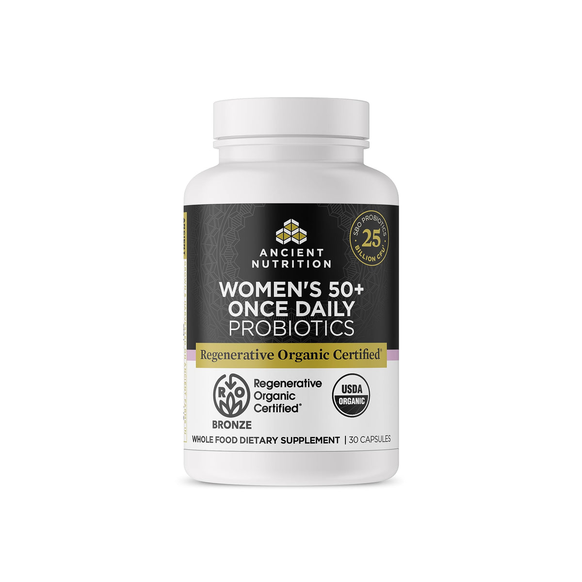 Front view of Ancient Nutrition Probiotics for Women 50+ bottle