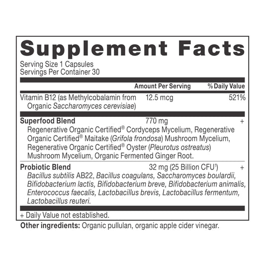 Close-up of the probiotics bottle label highlighting 25B CFUs per serving
