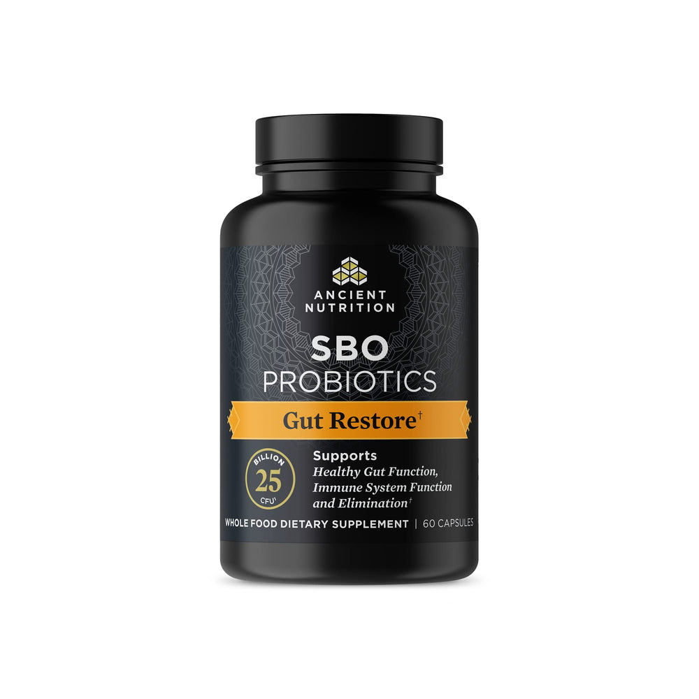 Ancient Nutrition SBO Gut Restore bottle front for gut support.