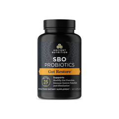 Ancient Nutrition SBO Gut Restore bottle front for gut support.