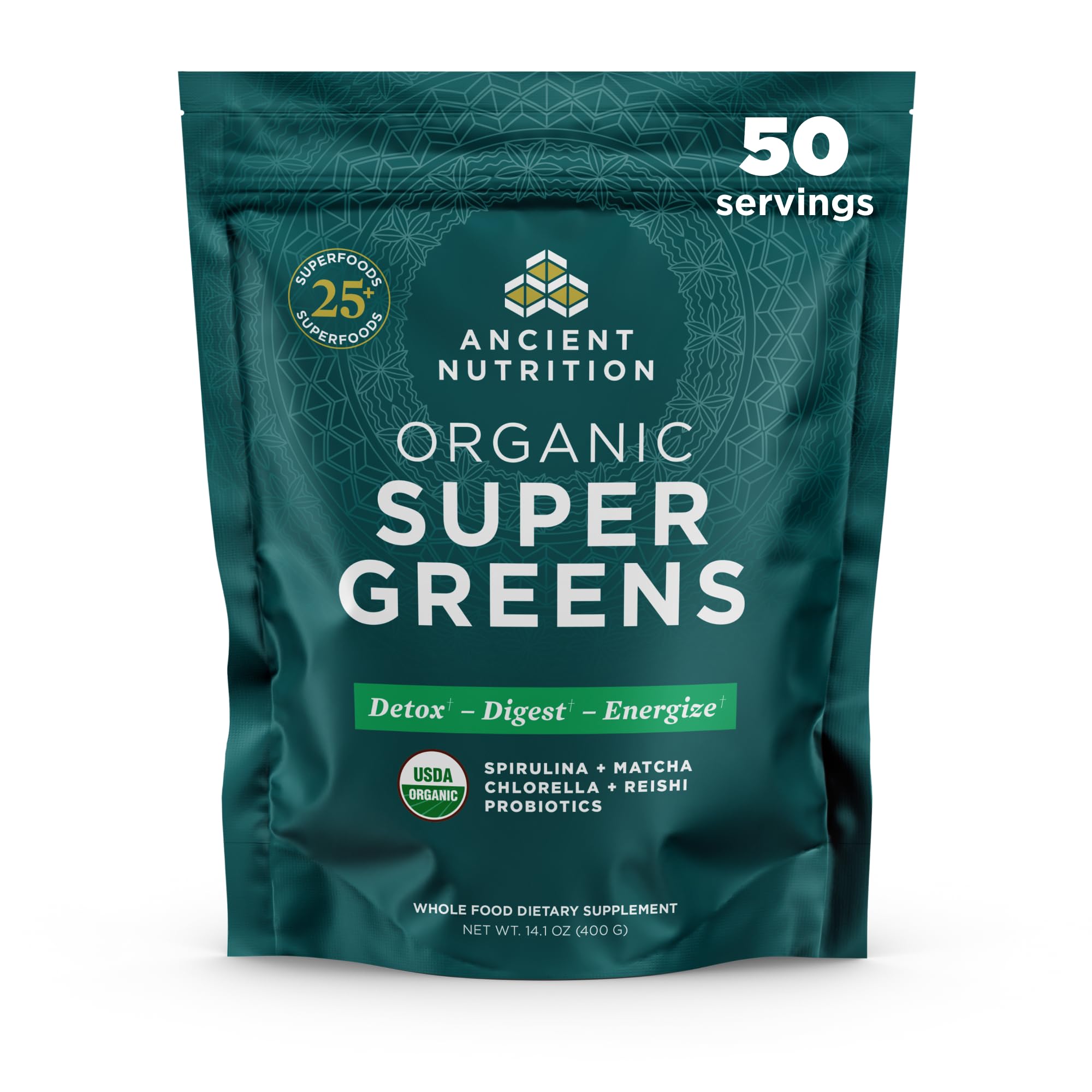Ancient Nutrition Super Greens Powder bottle label, 14.1 oz