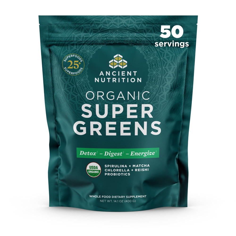 Ancient Nutrition Super Greens Powder bottle label, 14.1 oz