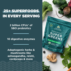 Organic greens including spirulina, chlorella, matcha