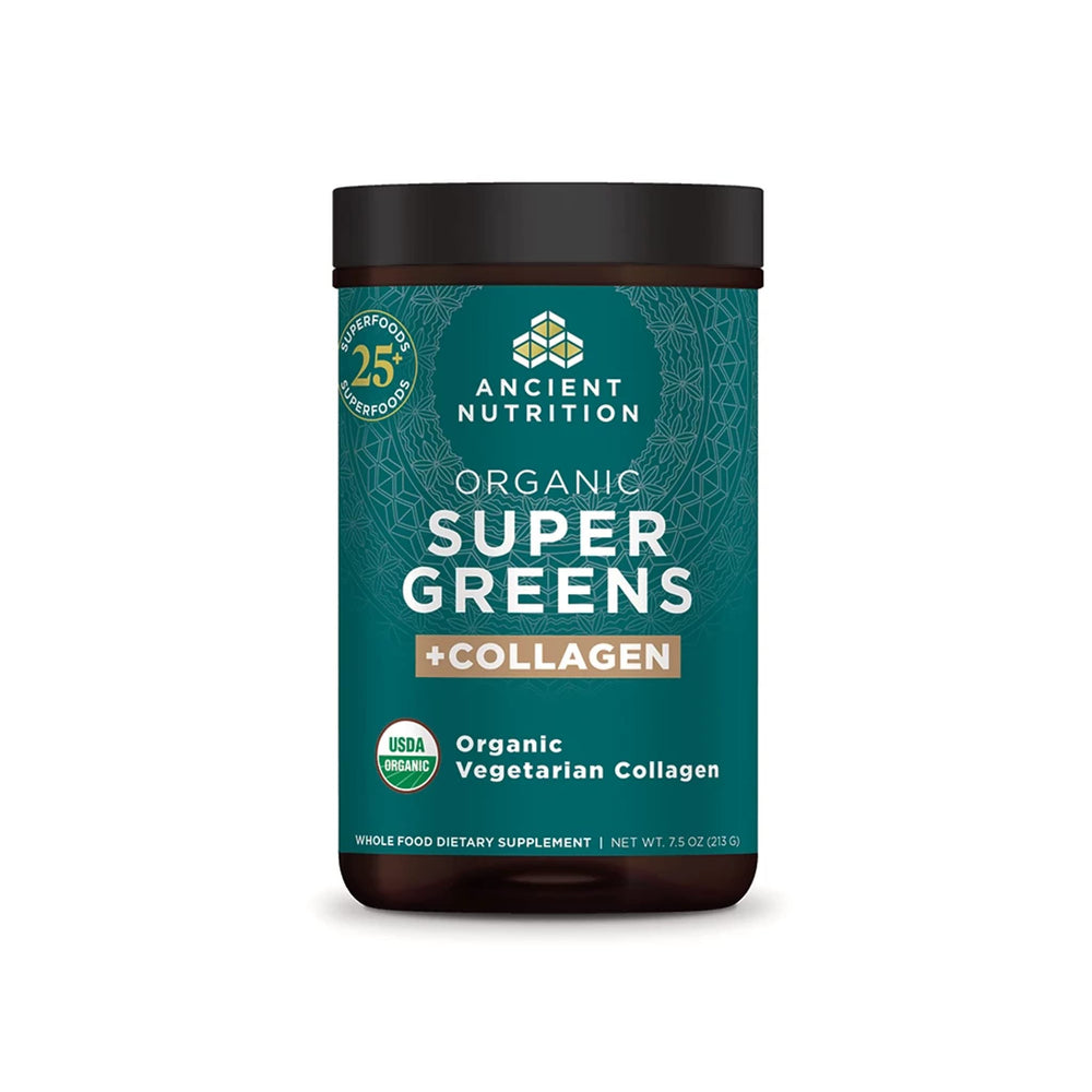 Ancient Nutrition SuperGreens bottle front for daily wellness boost