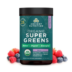 Ancient Nutrition SuperGreens bottle pour shows antioxidant rich berry flavor