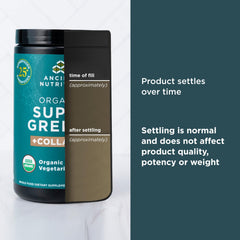 Ancient Nutrition SuperGreens vibrant green powder dissolves smoothly in a glass