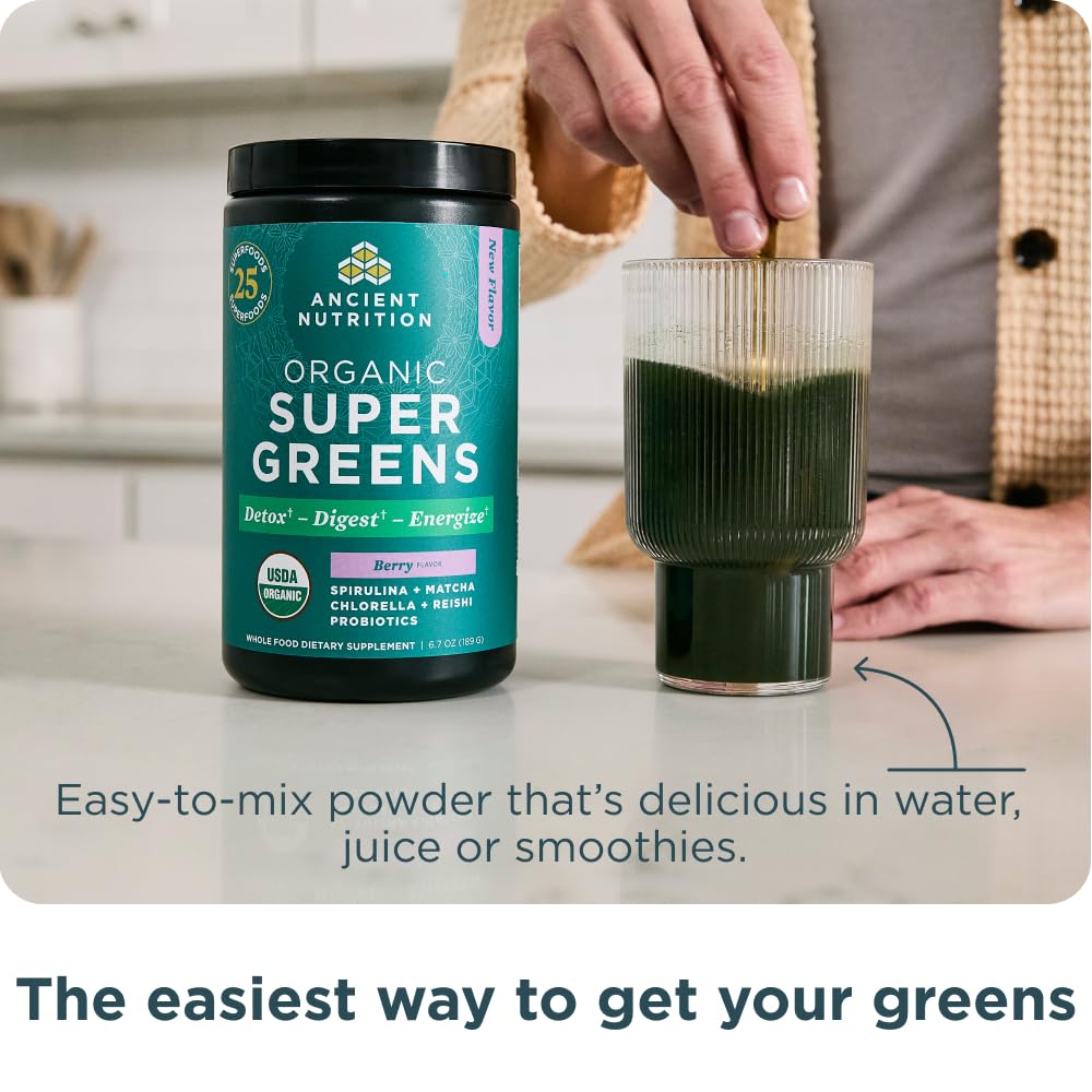Ancient Nutrition SuperGreens green-ingredients showcase leafy greens and vegetables