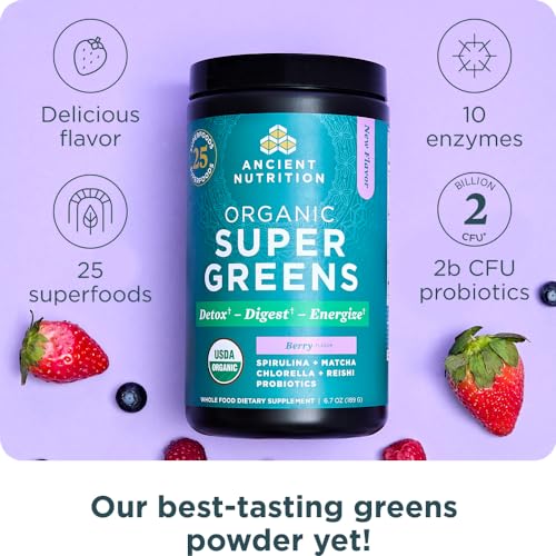 Close-up of organic berries and greens ingredients used in the powder