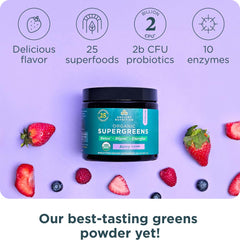 Ingredients showing fruits, vegetables, and herbs in Ancient Nutrition SuperGreens
