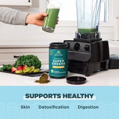 Ancient Nutrition SuperGreens ingredients panel featuring fruits, vegetables, and probiotics for gut support