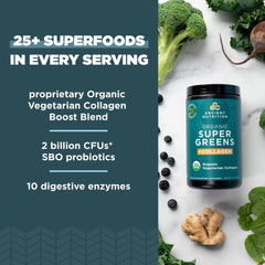 Ancient Nutrition SuperGreens label close-up highlighting organic ingredients for natural nourishment