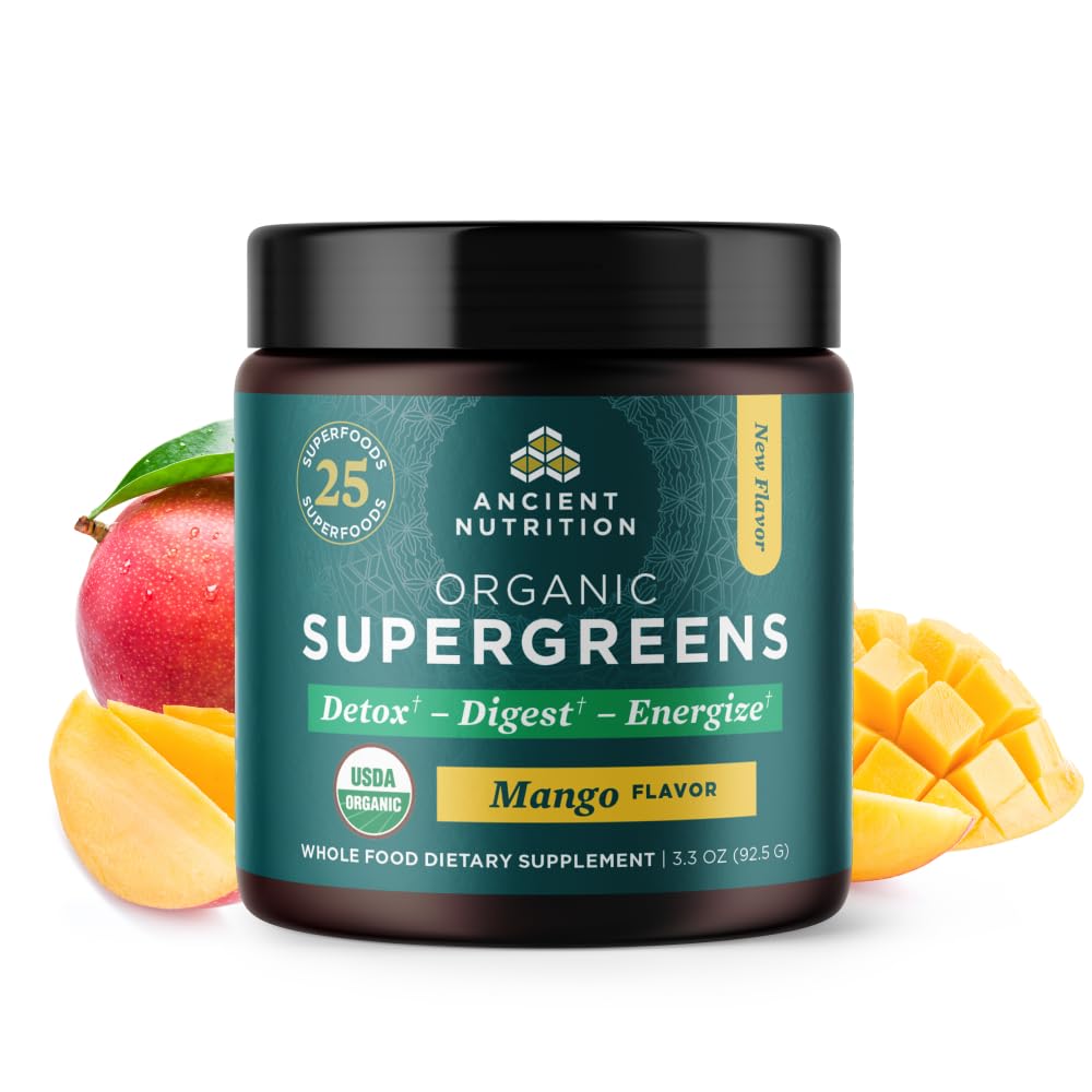 Front view of Ancient Nutrition SuperGreens with Probiotics Organic Mango Flavor tub