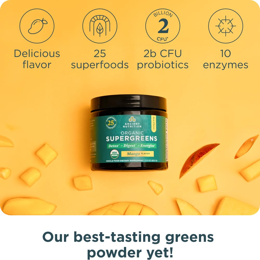 Illustration highlighting 25 organic superfoods in SuperGreens