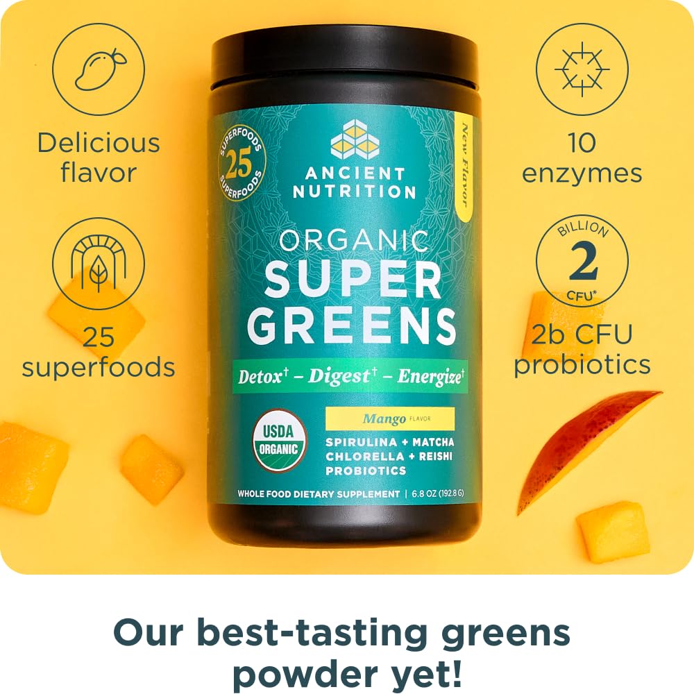 Ancient Nutrition SuperGreens scoop included for easy daily servings