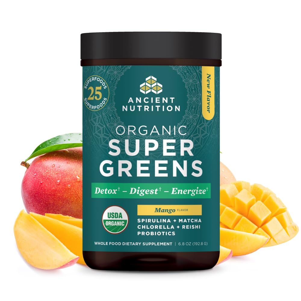 Ancient Nutrition SuperGreens powder tub front with organic greens for daily use