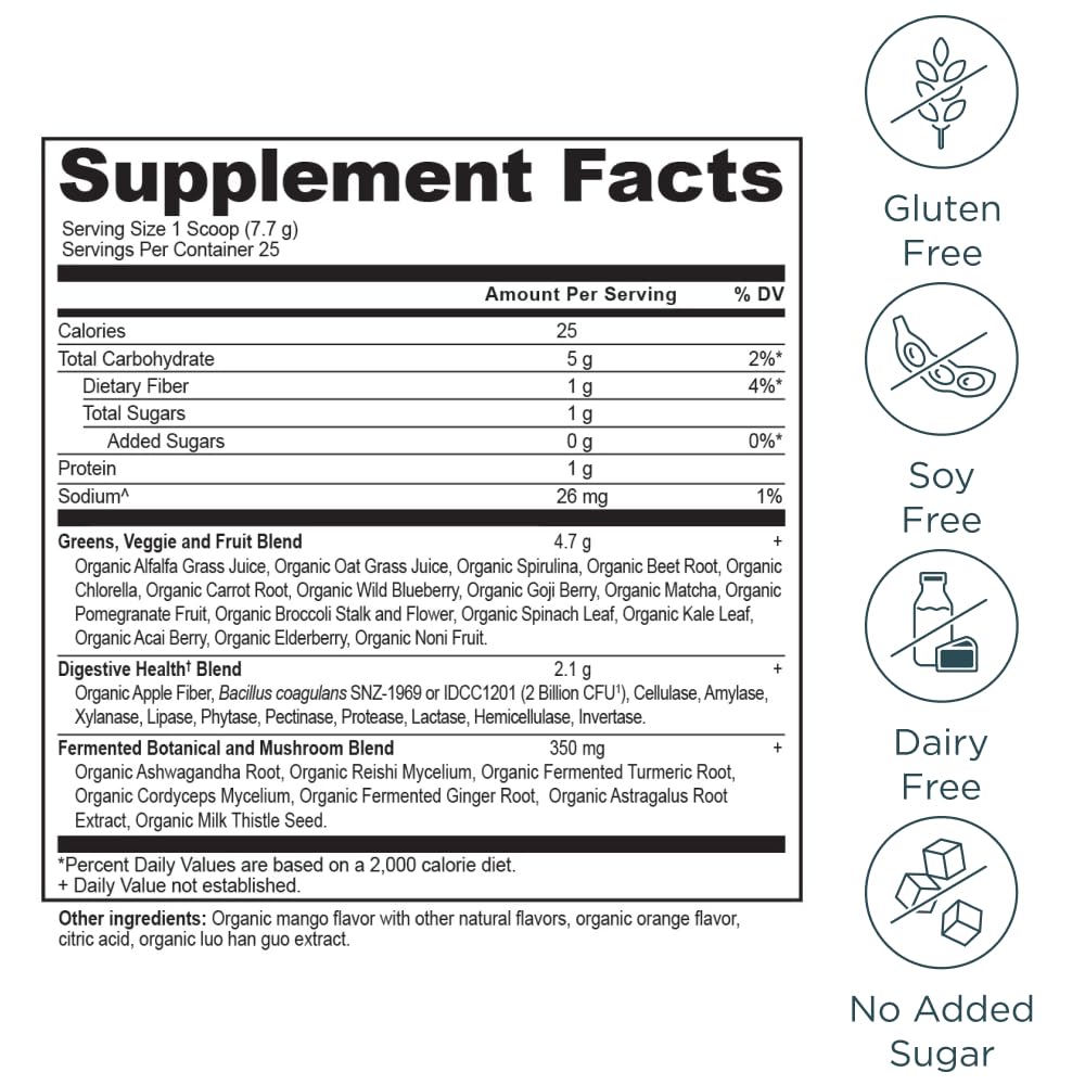 Ancient Nutrition SuperGreens powder tub label highlights USDA Organic certification