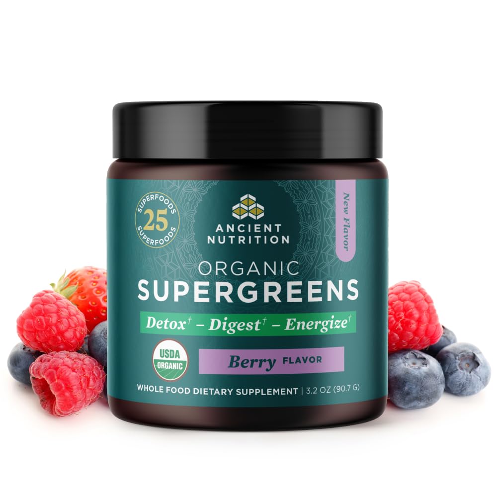 Front view of Ancient Nutrition SuperGreens Probiotics Organic Berry powder (12 servings, 3.2oz)