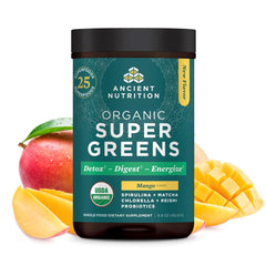Front view of Ancient Nutrition SuperGreens Powder with Probiotics in Organic Mango flavor, 25 Servings, 6.8oz