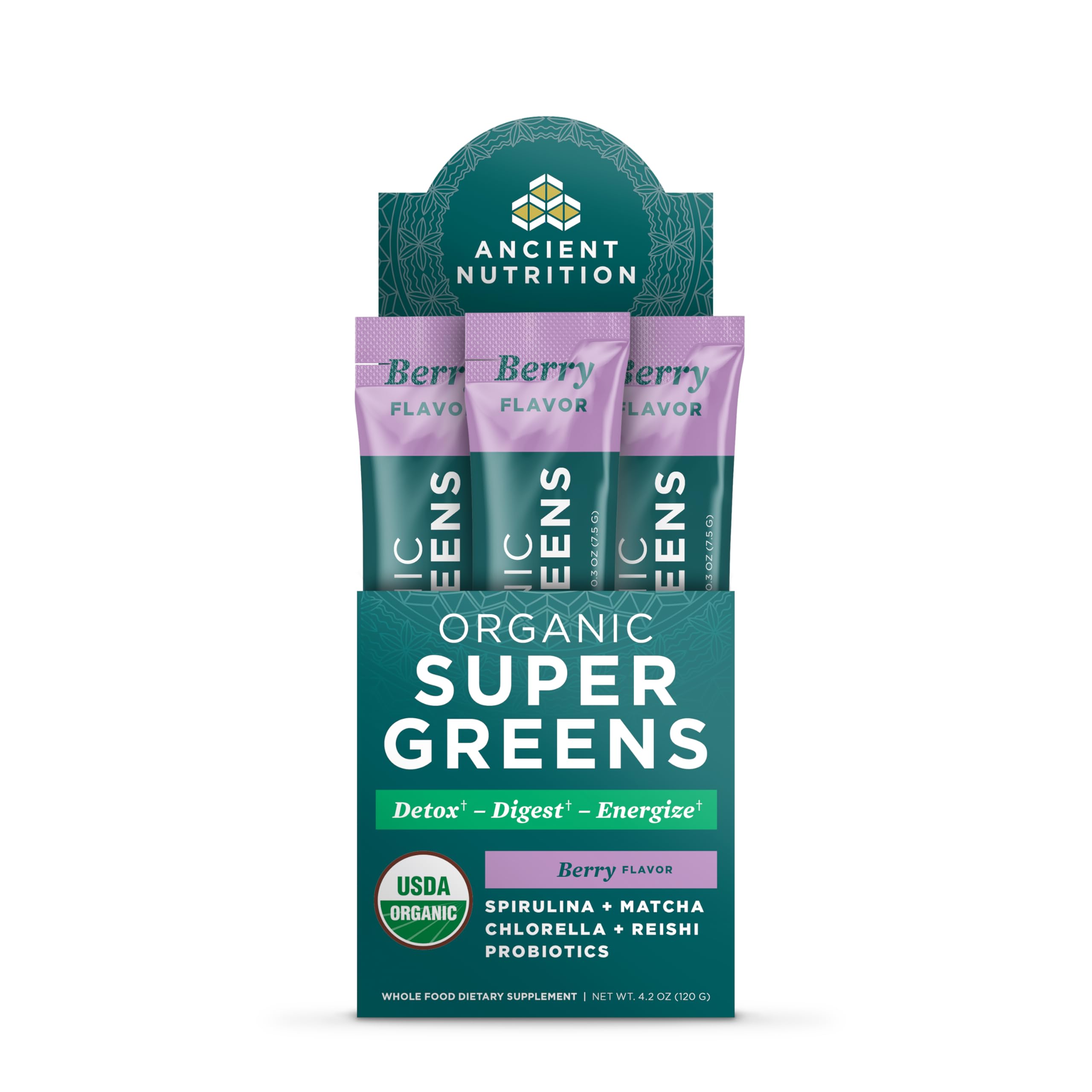 Ancient Nutrition SuperGreens Probiotics Organic Berry flavor packaging