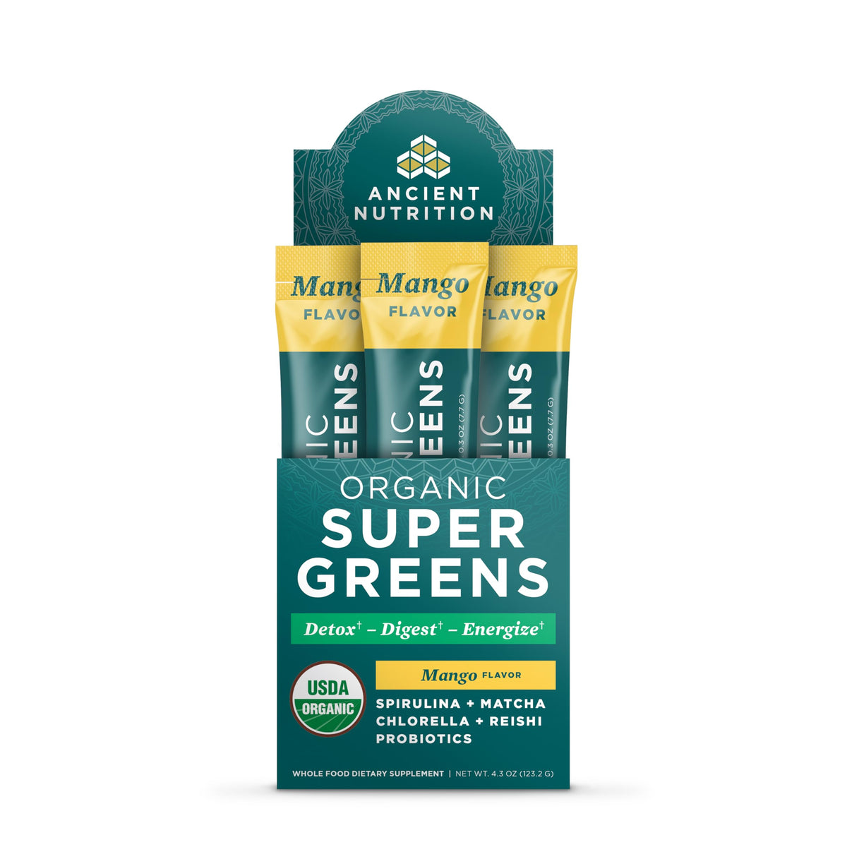 Ancient Nutrition SuperGreens powder with probiotics in organic mango flavor packaging