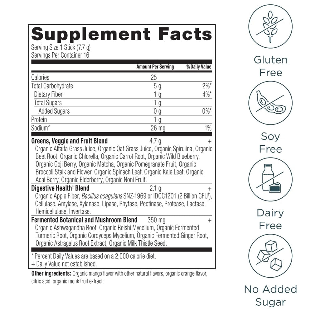 Close-up of SuperGreens ingredients: organic fruits, greens and probiotics