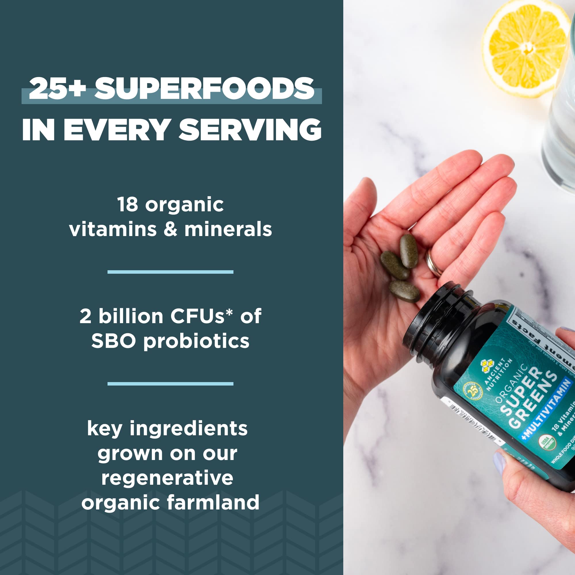 Ancient Nutrition Supergreens tablets pouring from bottle for easy daily intake