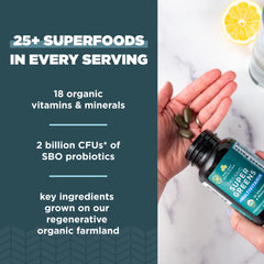 Ancient Nutrition Supergreens tablets pouring from bottle for easy daily intake