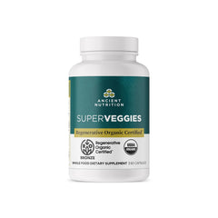 Ancient Nutrition SuperVeggies bottle front for daily gut-friendly greens.