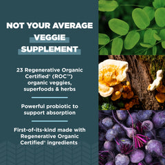 Ancient Nutrition SuperVeggies ingredients image featuring kale, broccoli, spinach for nutrient-rich greens.