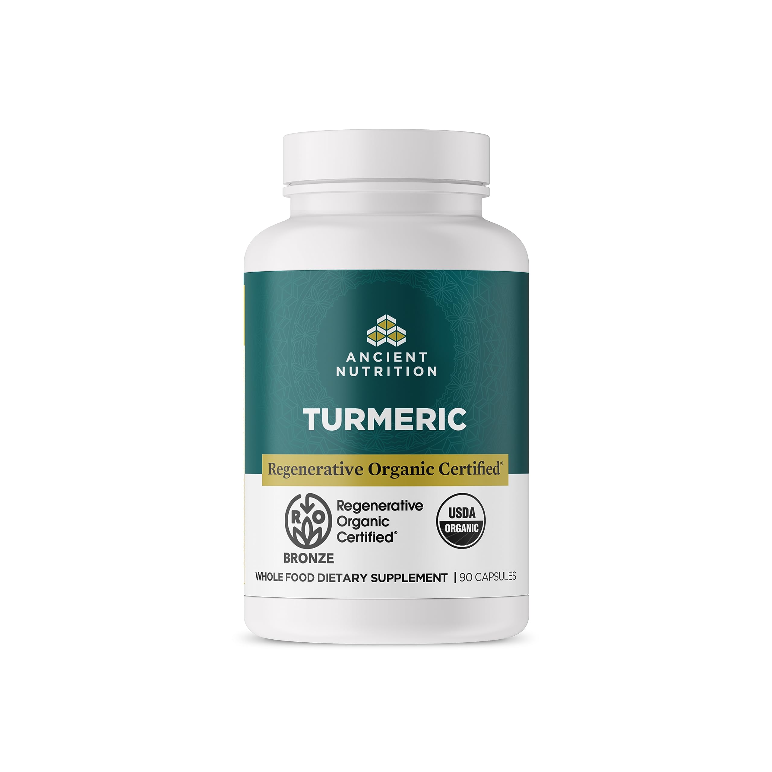Ancient Nutrition ROC turmeric capsules bottle front view, 90 count