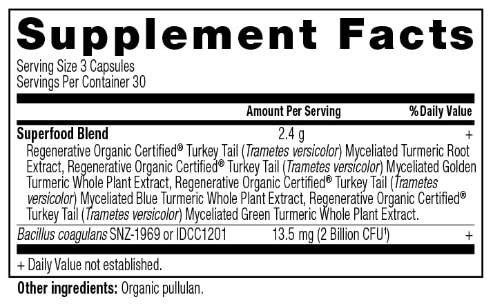 Product label showing Regenerative Organic Certified on turmeric capsules