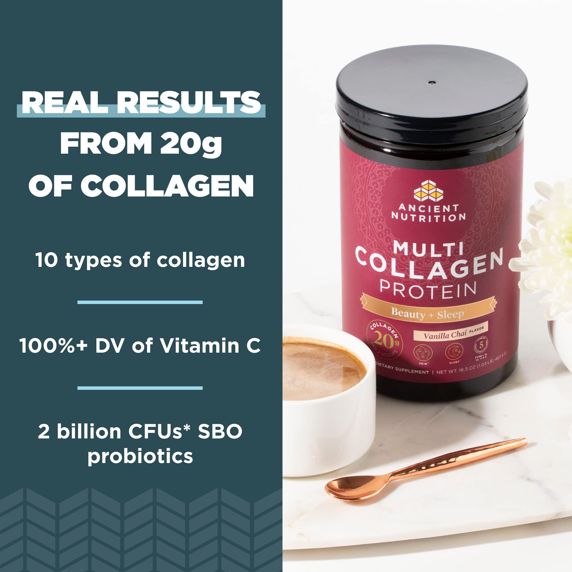 Ancient Nutrition Vanilla Chai powder blended in tea with creamy aroma