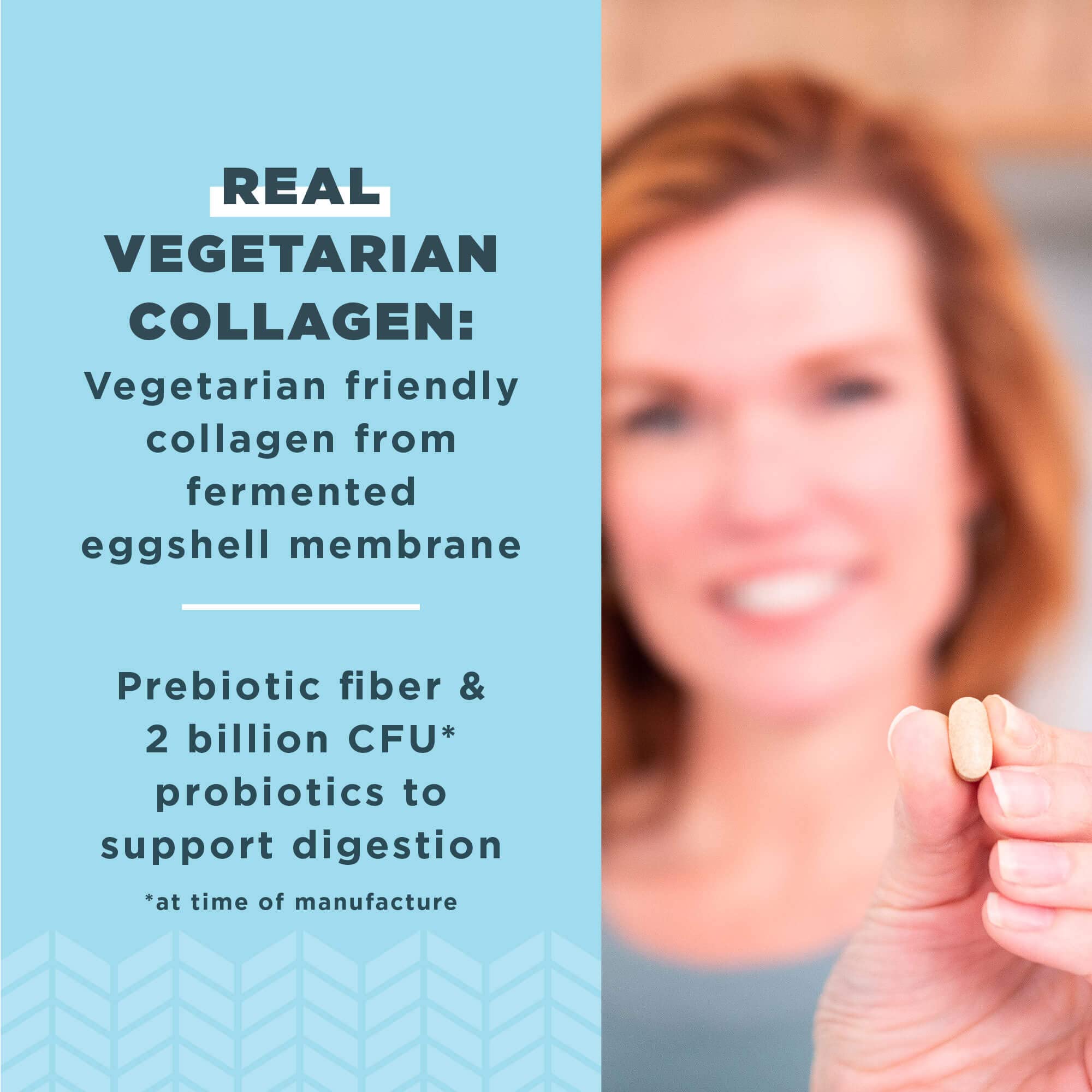 Ingredients panel showing fermented eggshell membrane collagen and acacia gum