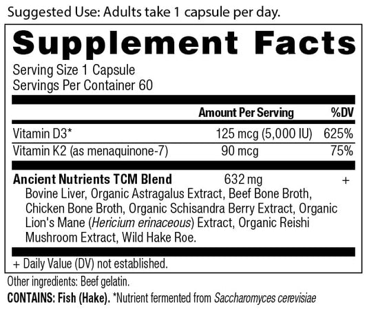 Back of bottle showing supplement facts for Vitamin D3 5000 IU