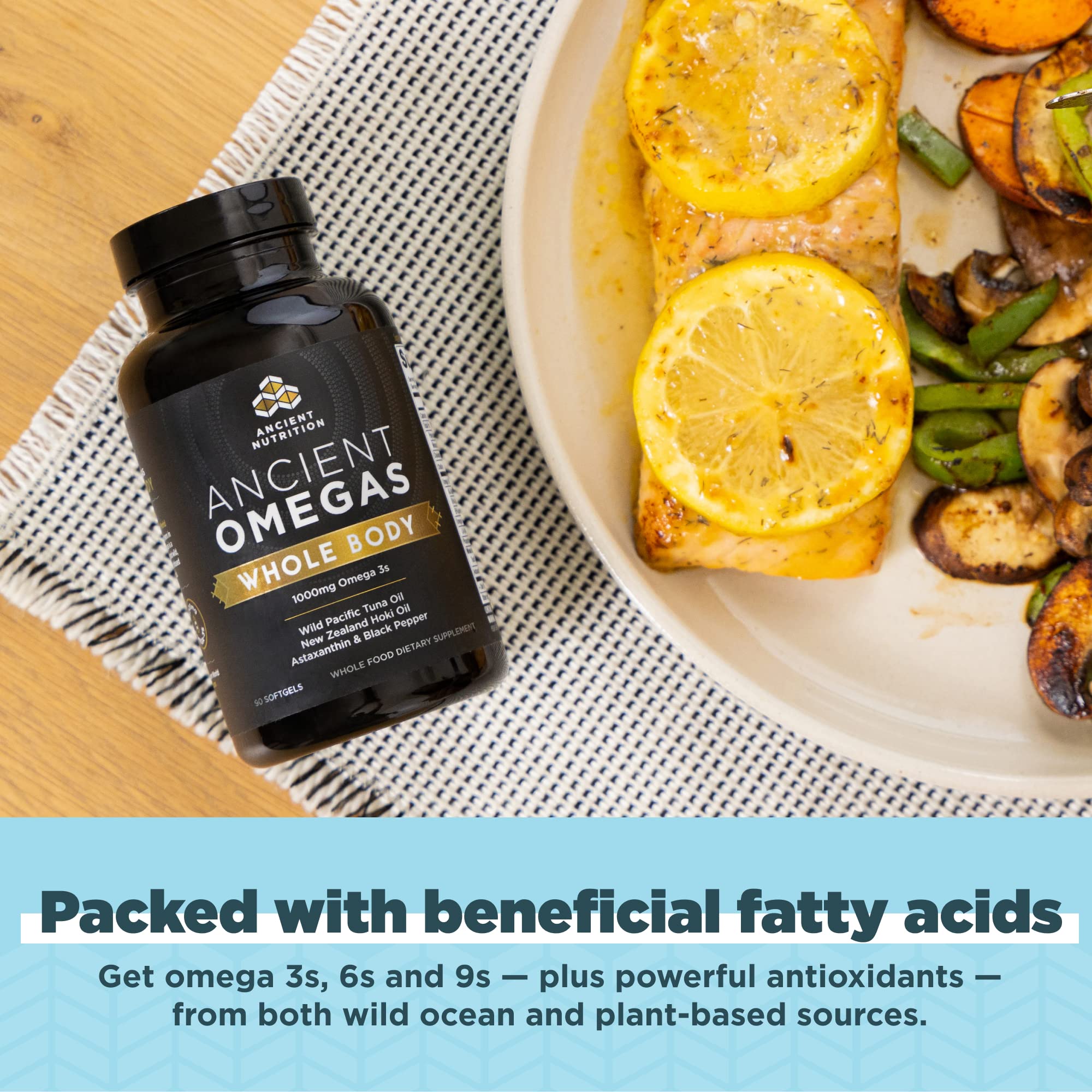 Ancient Nutrition Wild-caught tuna and hoki fish visual highlighting sustainable omega sources