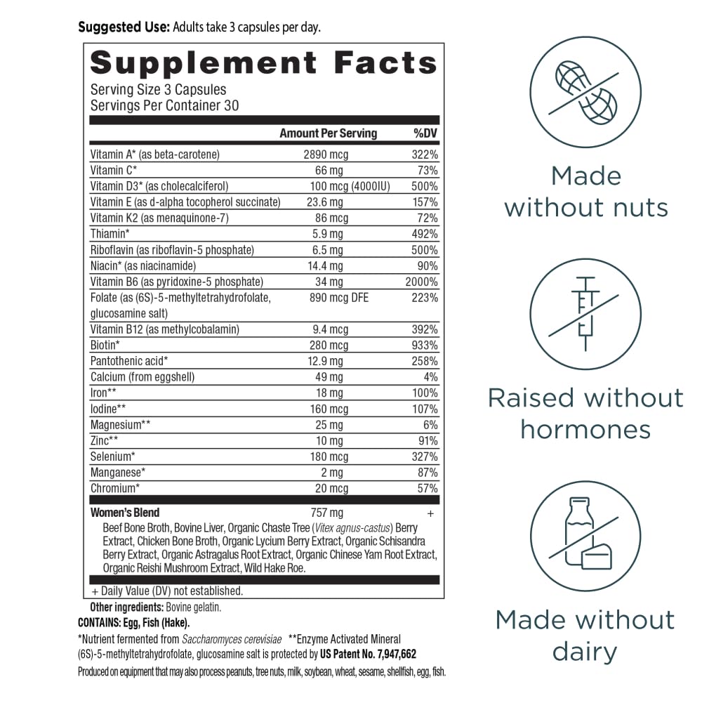 Product label detailing vitamins, minerals, and features