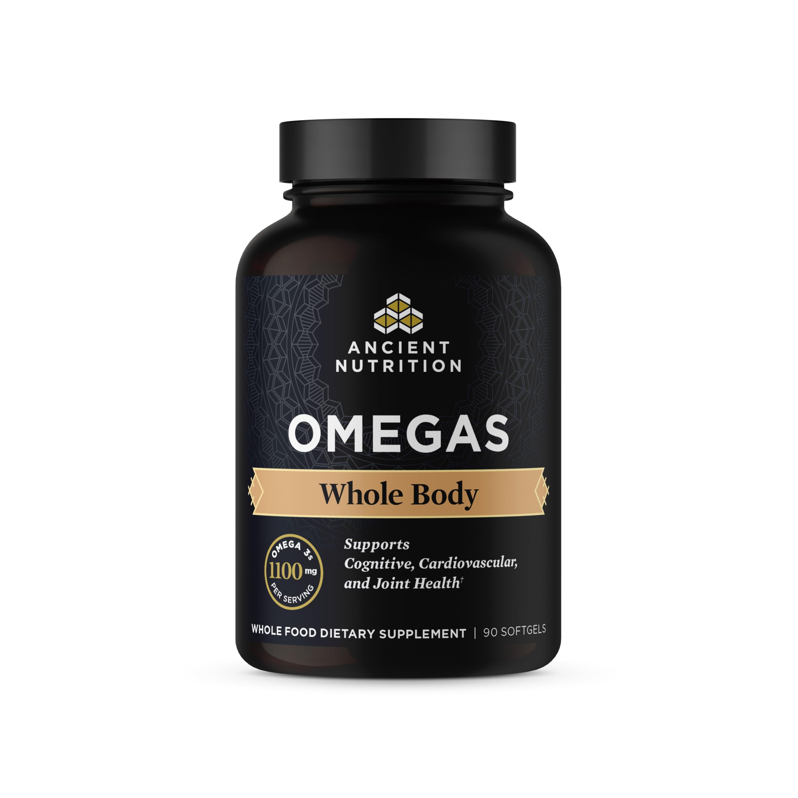 Ancient Omegas Whole Body bottle and capsules on white background