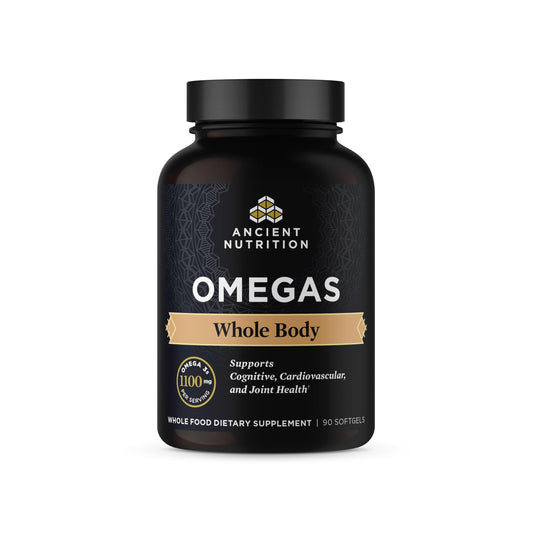 Ancient Omegas Whole Body bottle and capsules on white background