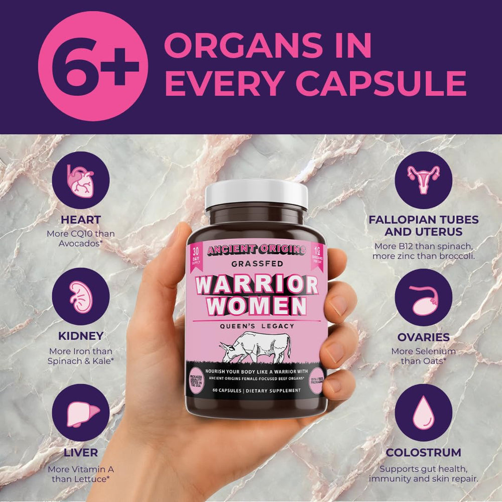 Ancient Origins seven-organ blend packaging highlighting female-focused nutrition.