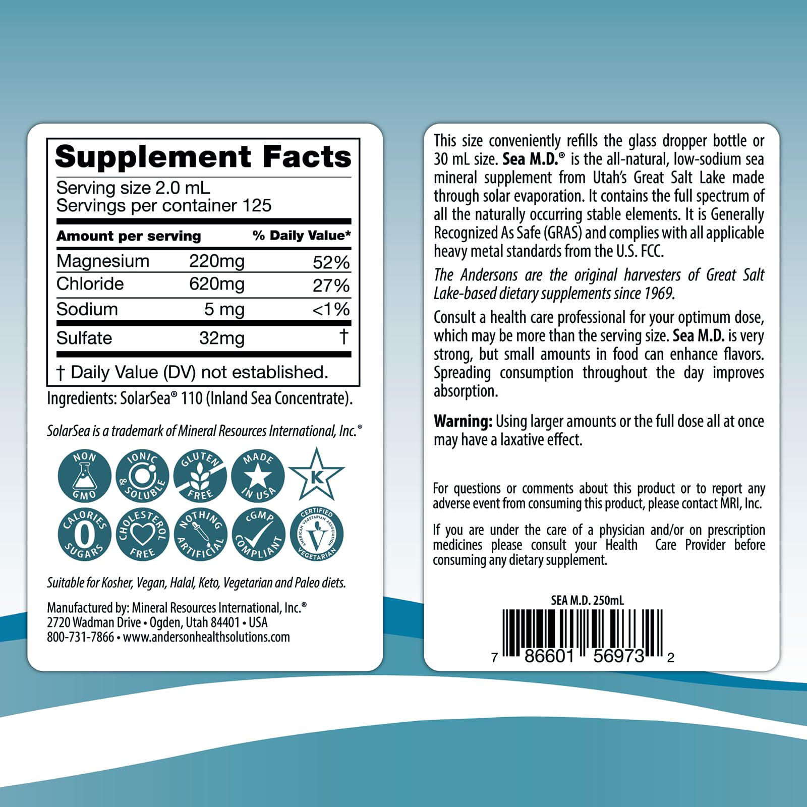 Remineralized water presentation using Anderson Sea M.D. drops
