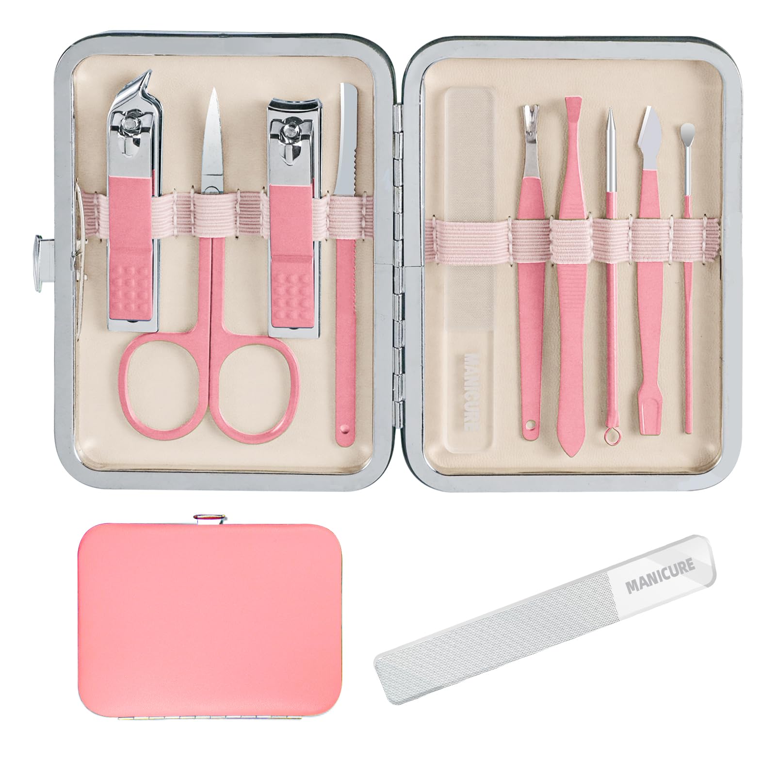Andrea 10-in-1 manicure kit in pink travel case, portable for on-the-go grooming.