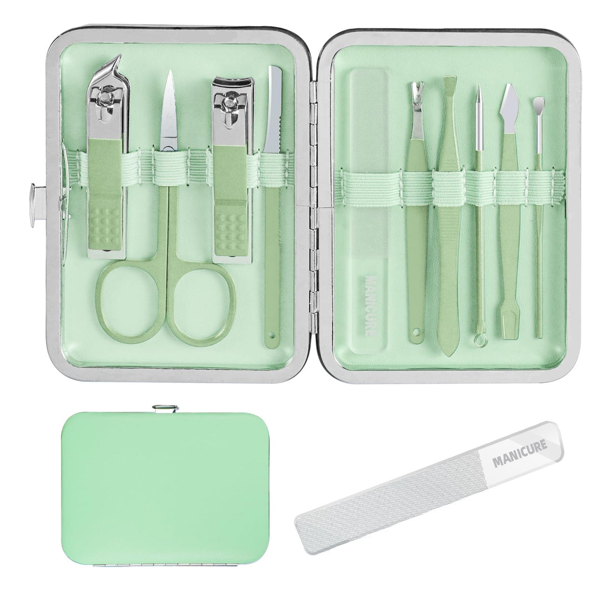 Andrea Manicure Set in green leather case, portable for travel grooming.
