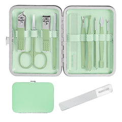 Andrea Manicure Set in green leather case, portable for travel grooming.