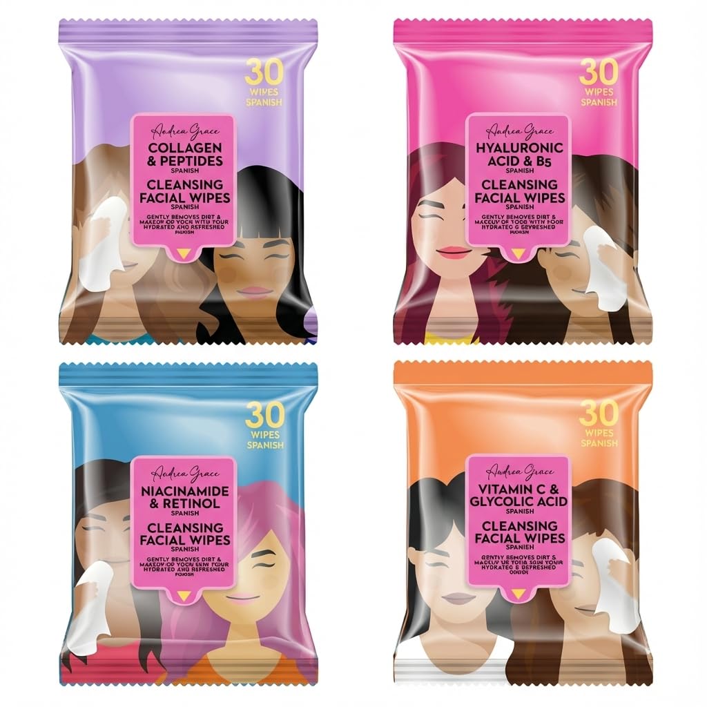 Andrea Grace 4pack face wipes packaging close-up for quick makeup removal and freshness.