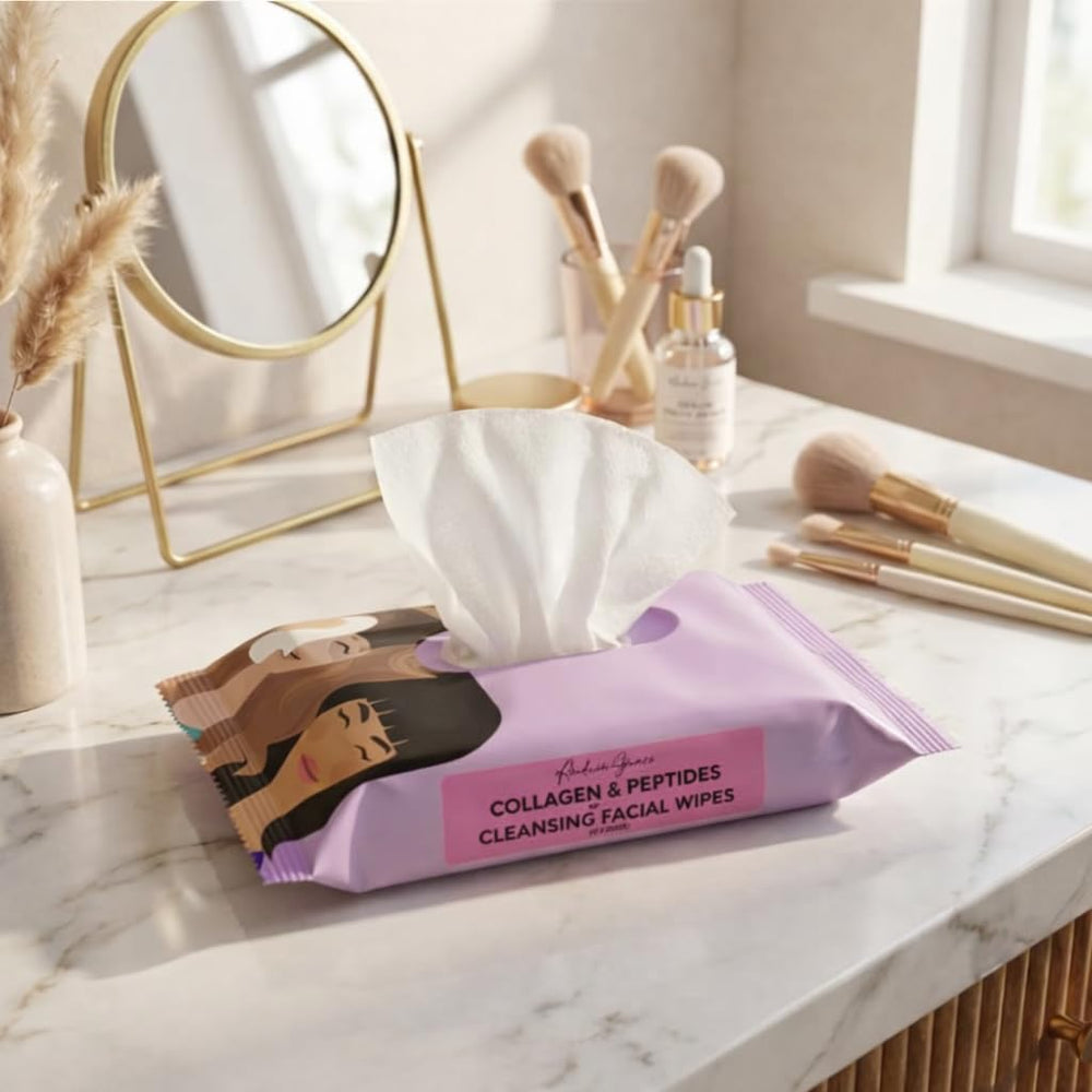 Andrea Grace face wipes hydration finish close-up emphasizing moisture delivery.